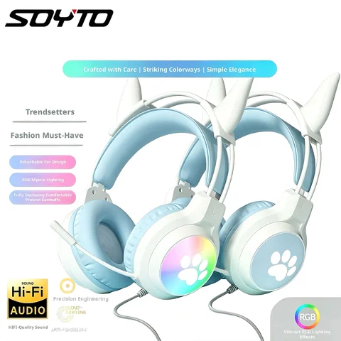 SOYTO Cool Glowing Devil Ear Gaming Headset Wired Stereo Bass Headphones  E-sports Earphone Compatible with Desktop Laptop