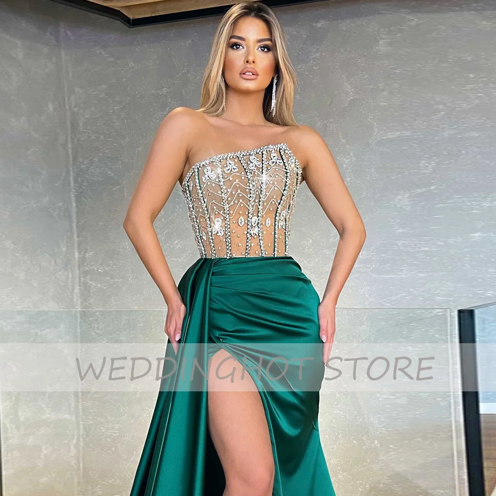 Beading Evening Dresses 2023 Luxury Green Satin Mermaid Sexy Sparkle Ball Gown Elegant Pleat Side Split High Quality Party Dress