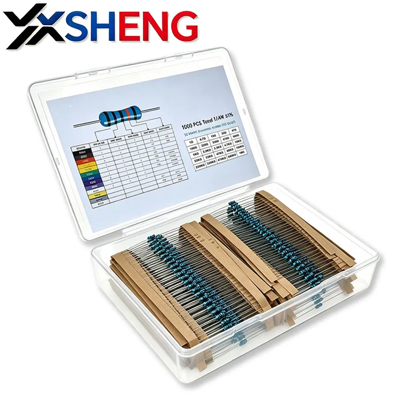 1000PCS 1/4W 1% KIT 25Values X 40PCS 1R~1MΩ Metal Film Resistor Pack Include 4R7 47R 100R 220 330 470 1K 2.2K 3K3 4K7 10K 100K..