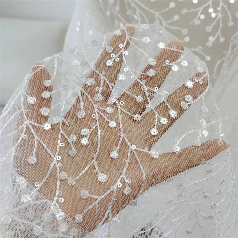 Off White Color Tulle Embroidery Sequined Lace Fabric Dress Lace Material 2022 NEW 1 Yard
