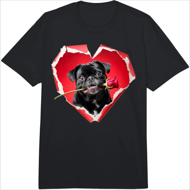 

Cute Dog Rose Heart T-Shirt Romantic Valentine's Day Short-Sleeve Women's Casual Versatile Crew Neck Top for Dog Lovers Wear
