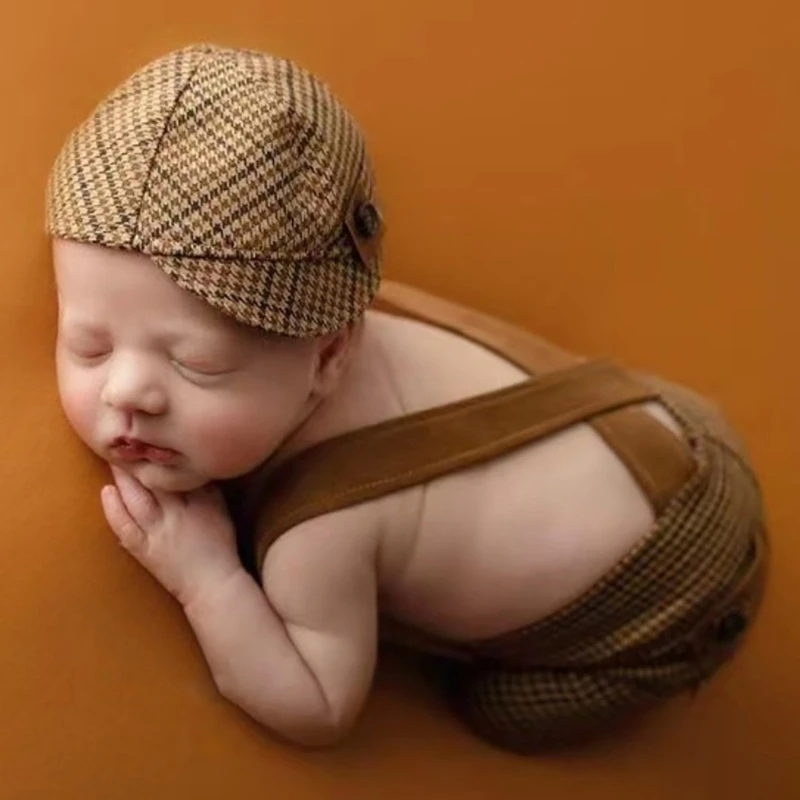 Baby Boy Photoshoot Outfits Set Gental Hat and Strap Trousers, Suspenders Jumpsuit Duckbill Caps Photo Props for 0-2M