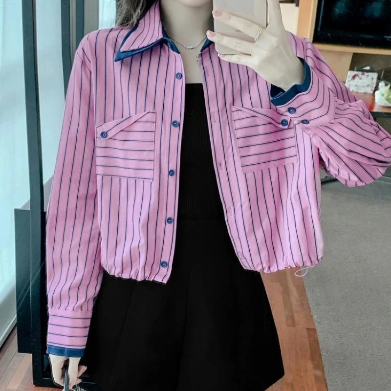 

Короткая полосатая рубашка на шнурке, уличная рубашка, топы, весна-осень, свободный трендовый кардиган с длинными рукавами, модная повседневная женская одежда