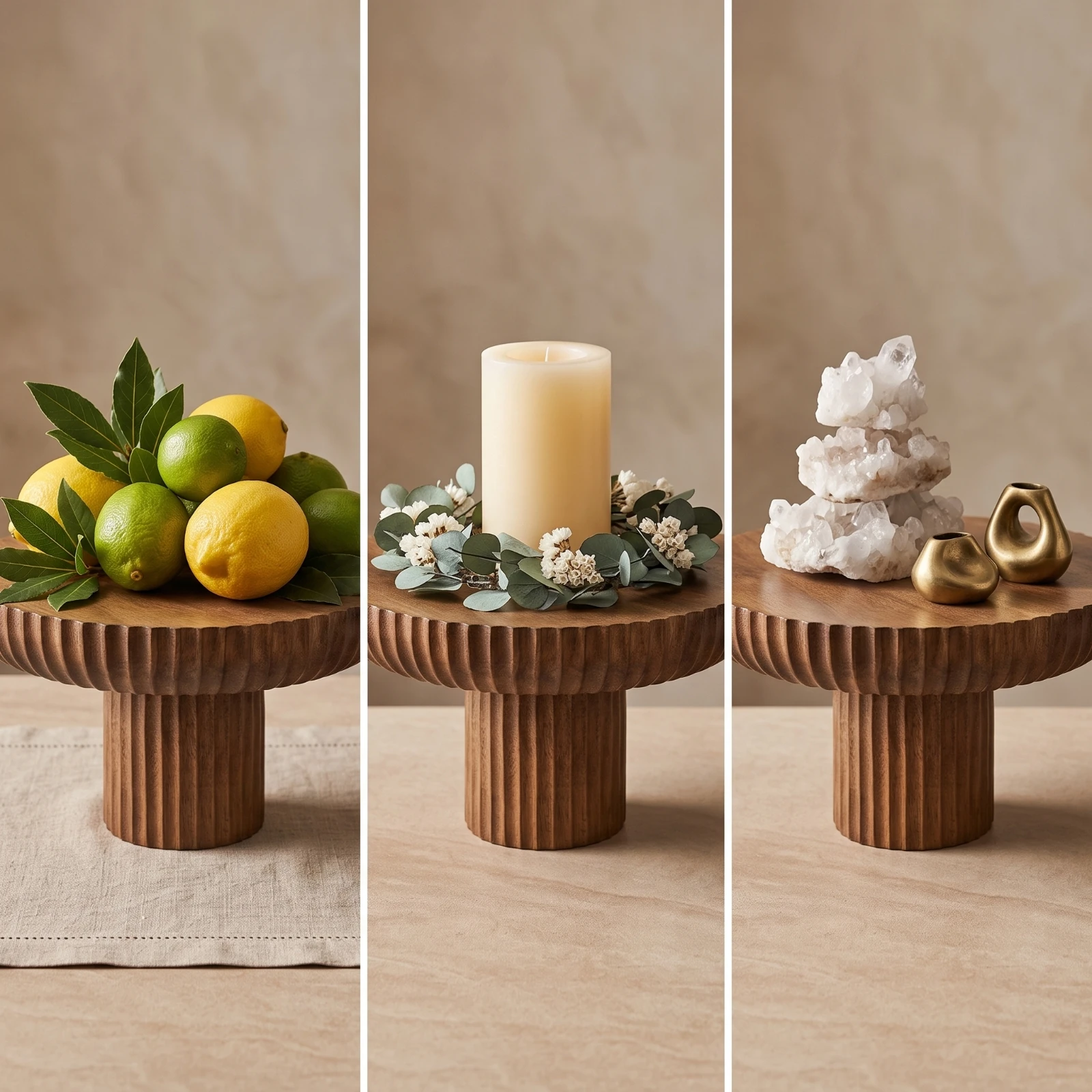 Pedestal Tray with Fluted Sides Sculptural Wood Pedestal Tray Riser Raised Stable for Tabletop Styling, Living Room