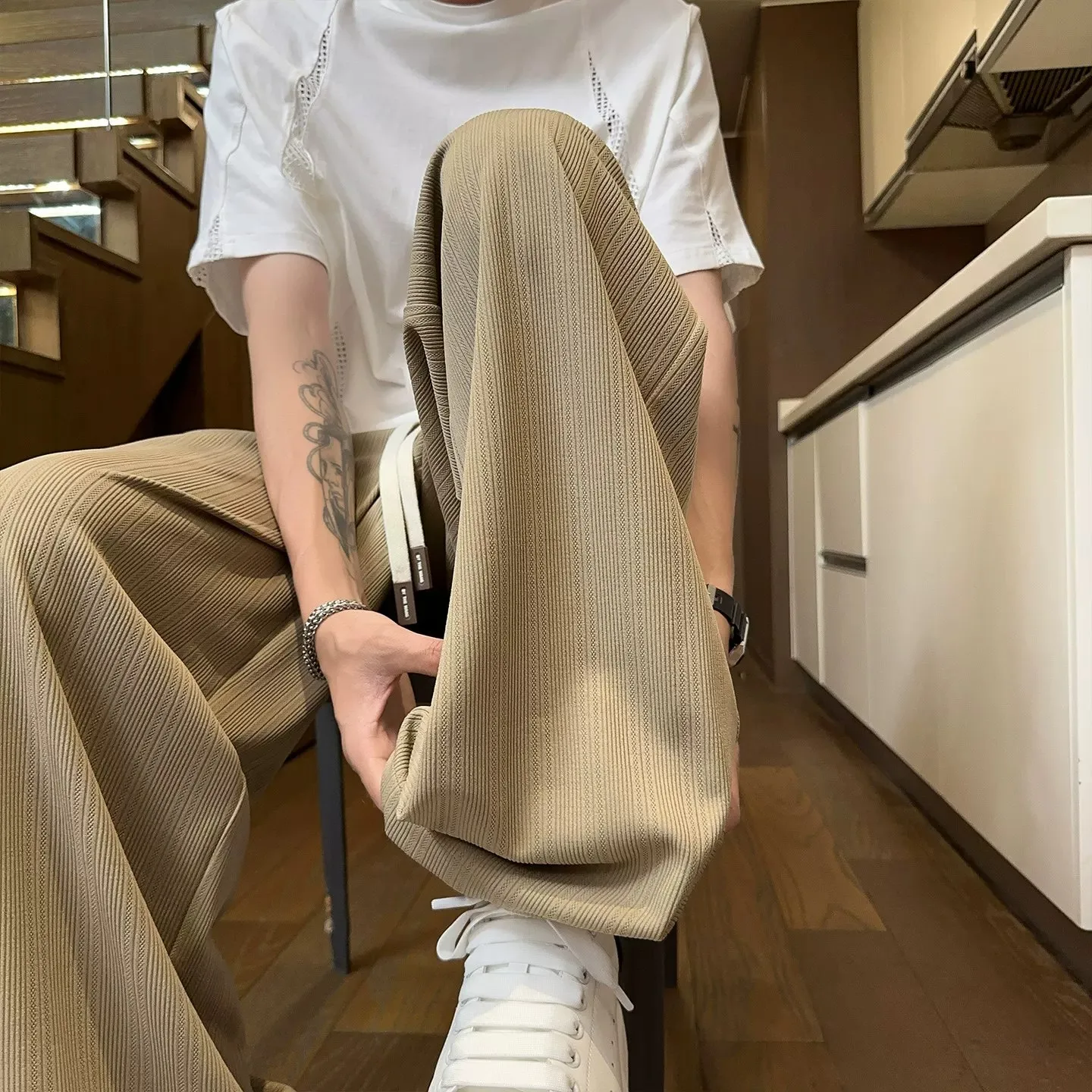 Khaki Casual Pants Men's Spring Summer Large Size Loose Trendy Texture Elastic Waist Straight Leg Pants Drapey Straight Leggings