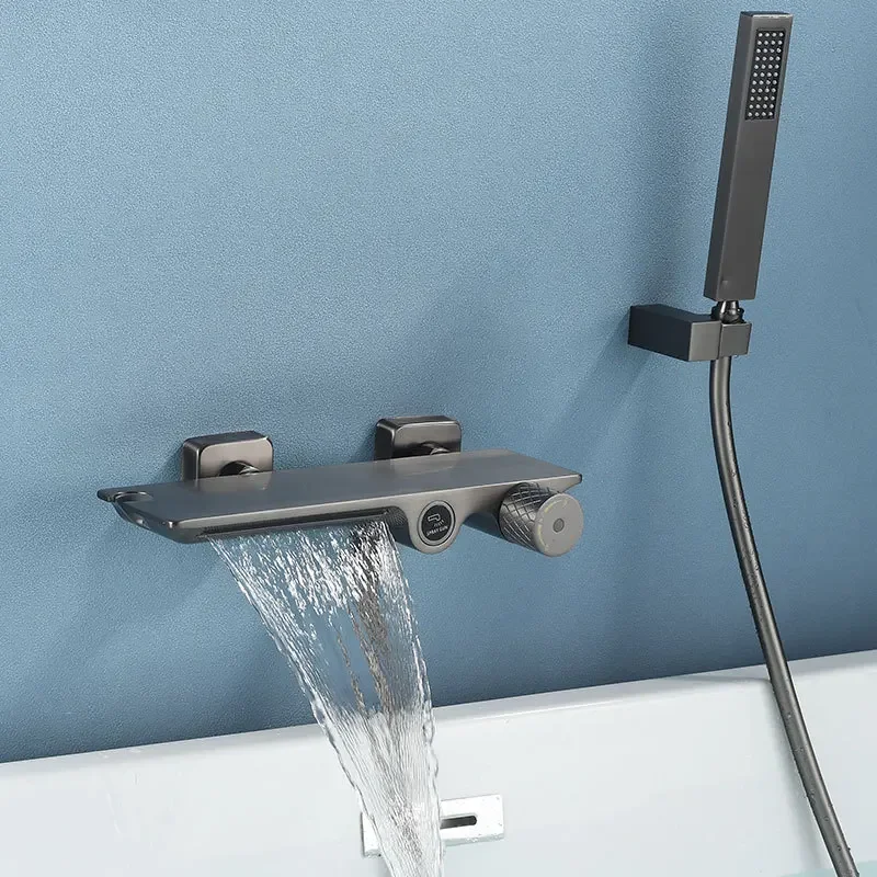 Gray Bathtub Shower Set Wall Mounted Black Faucet, Bathroom Cold and Hot White Bath and Mixer Taps Brass