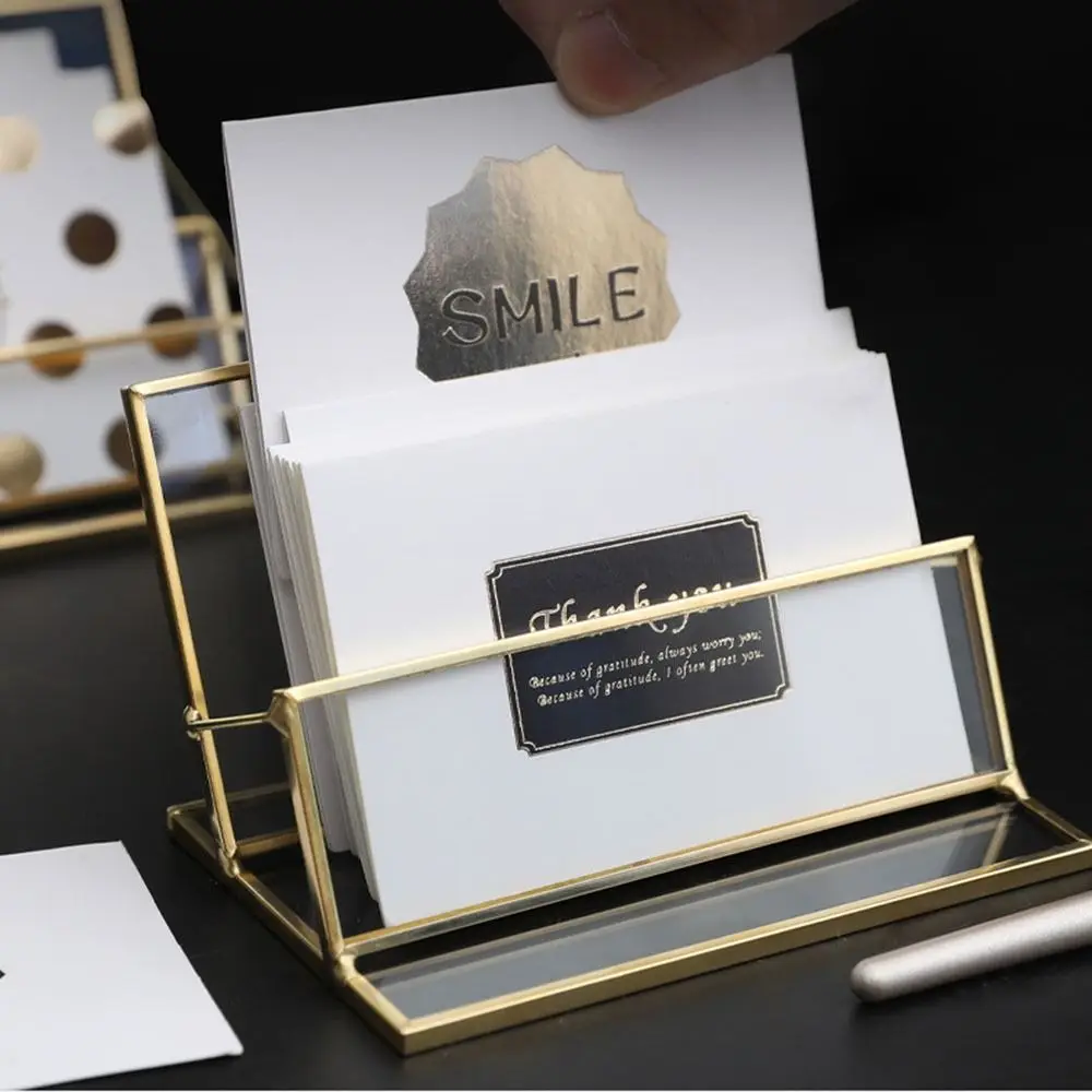 Metal Glass Business Card Holder Stand Durable Professional Vintage Clear Golden Edge Holder Elegant Business Card Organizer