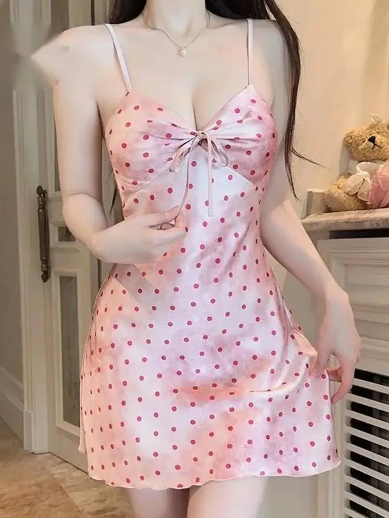 Robe de luxe légère en soie glacée, décolleté en V profond, avec coussinets de poitrine, paresseux, imprimé à pois, dos nu, sans manches, charme Casaul 4A5L