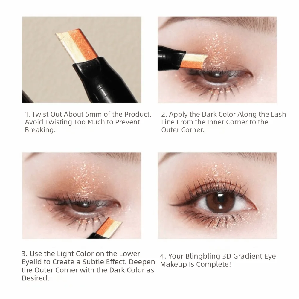 Glitter Finish Eyeshadow Stick Metallic Shimmer Waterproof Formula Double Color Eyeshadow Velvet Texture High Pigment
