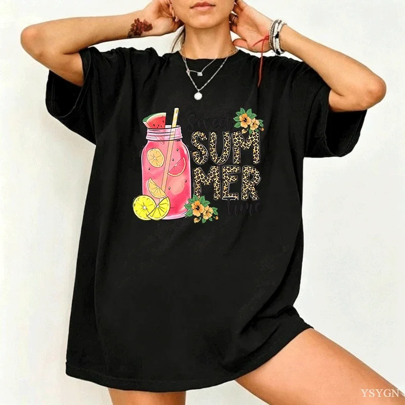 Sweet Summer Time T-Shirt Women Funny Leopard Print T Shirt Watermelon Cocktail Tshirt Cotton Short Sleeve Clothing Tops