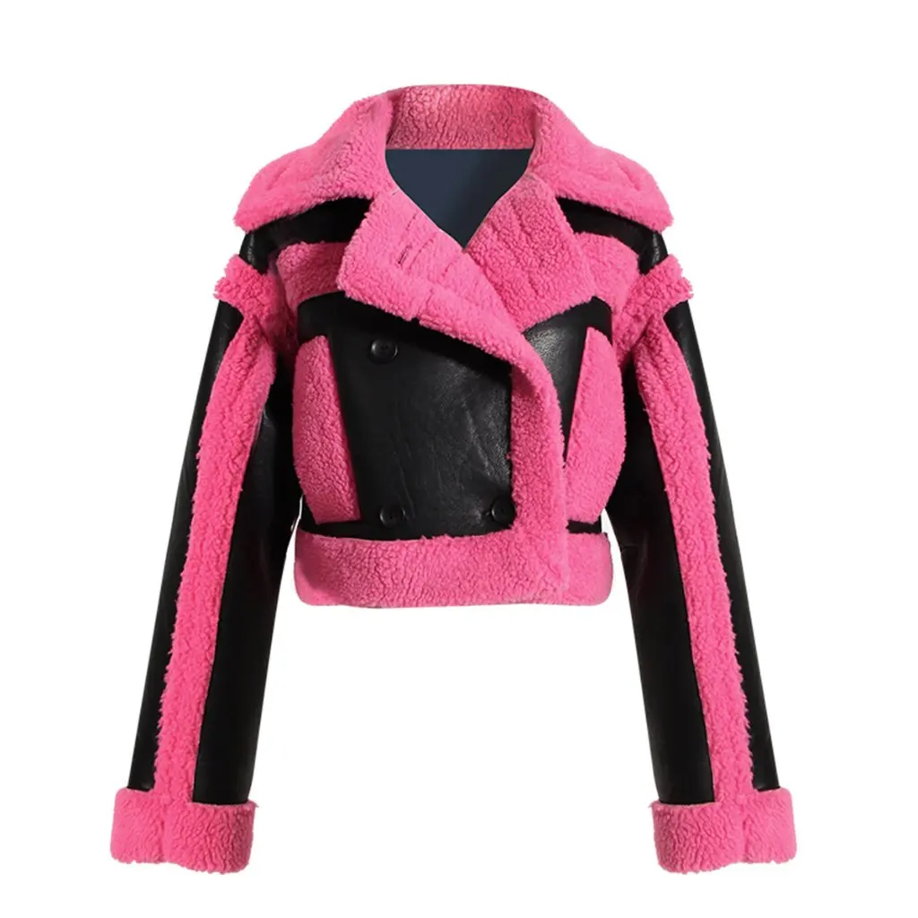 

European And American Style Pink Contrast Color Faux Fur Integrated Jacket Large Lapel Motorcycle Coat for Women