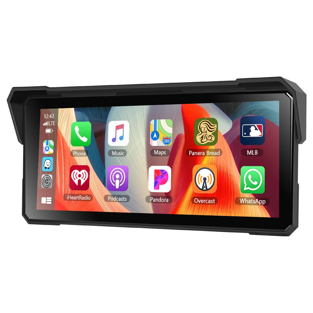 Podofo 8,1 Zoll Tragbarer Motorrad-Monitor Smart Player Kabelloses Carplay Android Auto IP68 Wasserdicht DVR EQ Helligkeitseinstellung Geteilter Bildschirm Android Mit 2 Kameras Tragbares