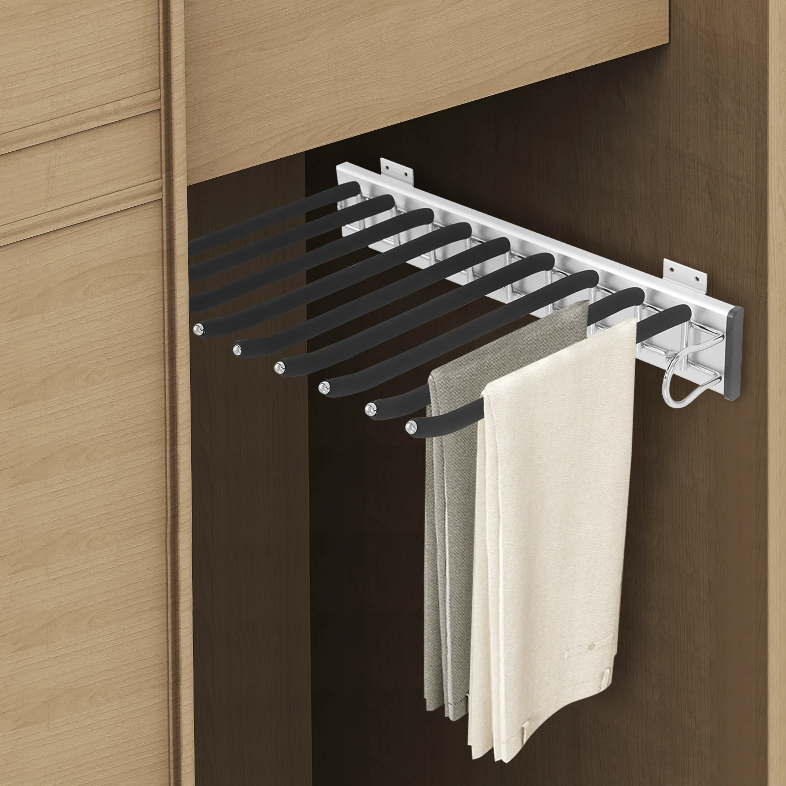 Portapantaloni estraibile a 9 bracci, installazione retrattile destra, armadio, pantaloni, sciarpe, gancio telescopico per binario di scorrimento