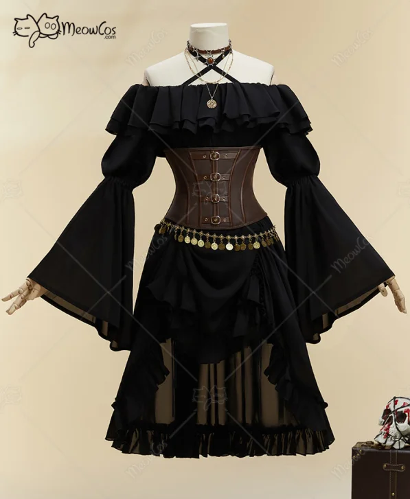 MOBBUNNY Women's Halloween Black Pirate Style Suit Strapless Dress with Corset and Hat Halloween Cosplay Costumes view 2
