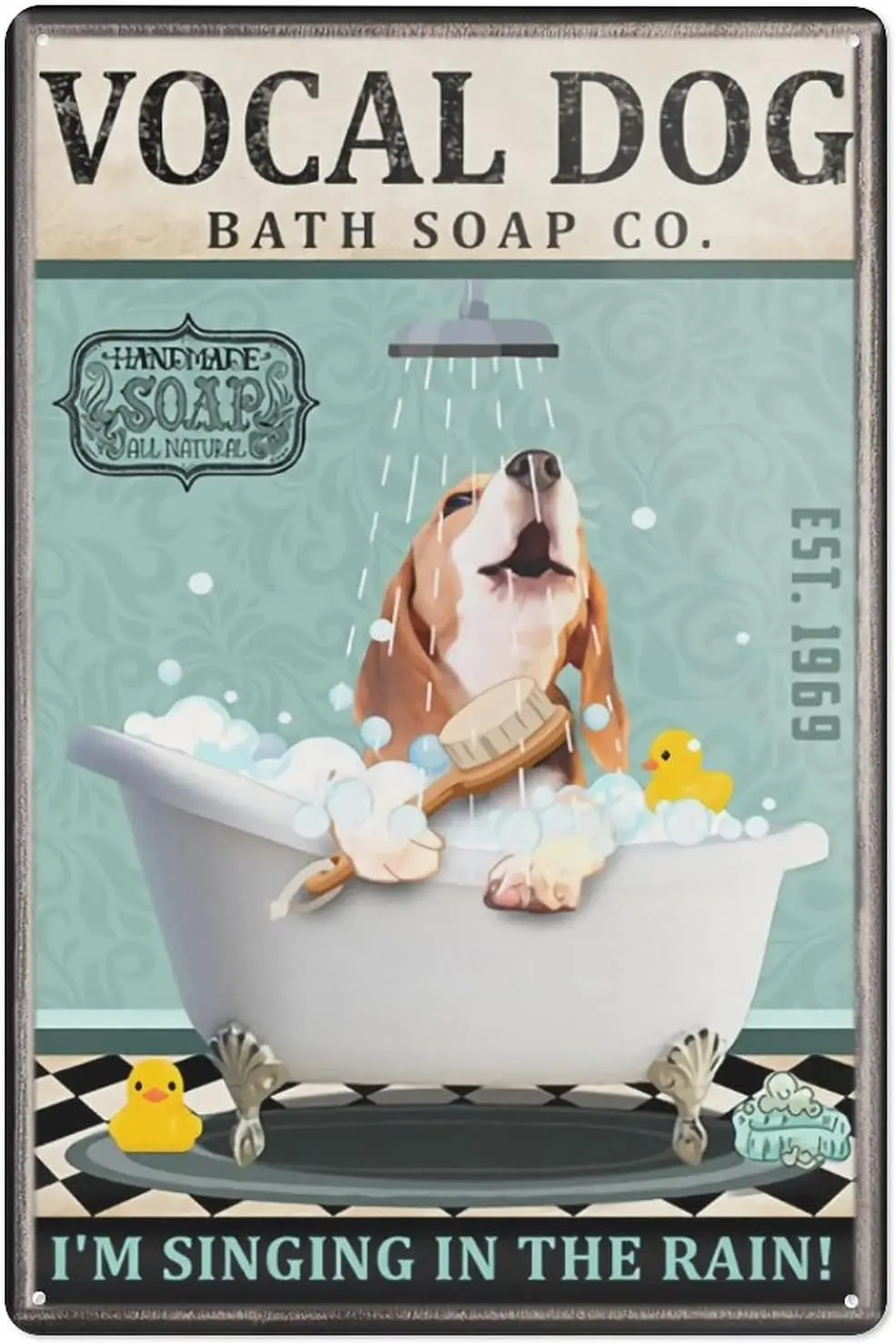 Vintage Bathroom Metal Wall Art - Vocal Dog Bath Soap Co. I'M Singing In The Rain Funny Beagle Dog Sign - Artistic Metal Pla