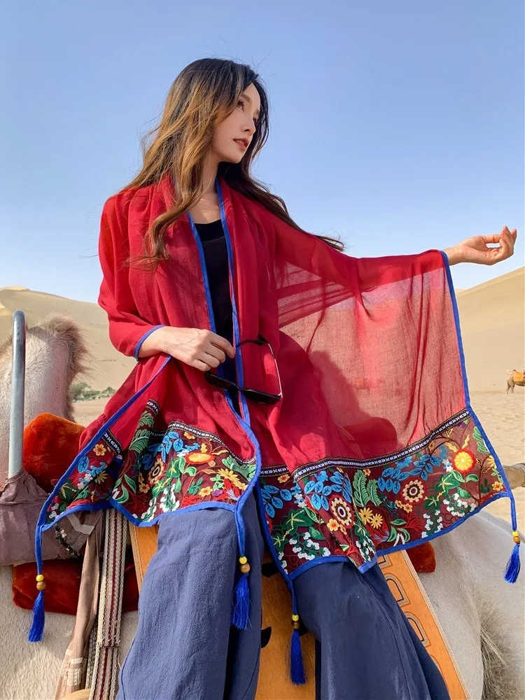 WeHello - Spring/Summer Desert Tourism Sunscreen Shawl Ethnic Style Tea Card Salt Lake Scarf Qinghai Big Red Scarf