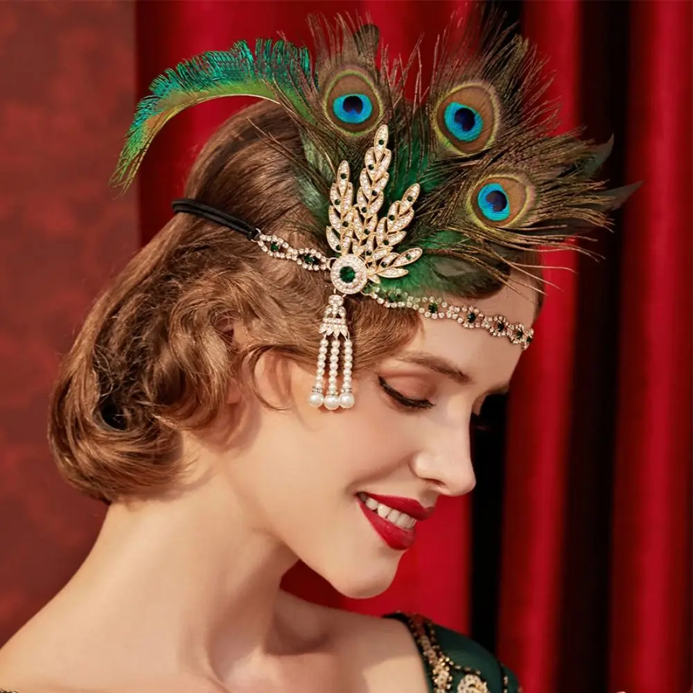 العصرية خمر ريشة عقال أنيقة الماس حفلة تنكرية رباط شعر ماكياج حفلة 1920s تأثيري فستان أغطية الرأس غطاء الرأس الزفاف