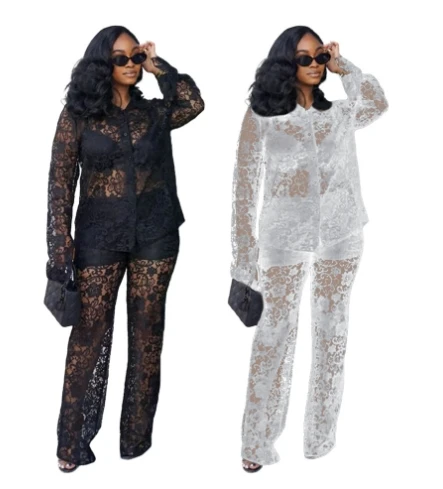 

New sexy lace patterned lapel see through set