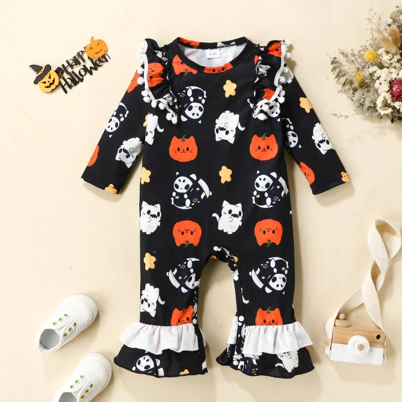 My First Halloween Clothes Baby Girl Flared Pants Letter Pumpkin Romper Jumpsuit for Newborn Halloween Costume 0-18M