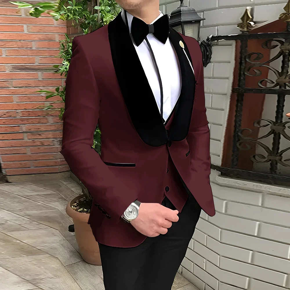 Elegant Men\'s White Suit 3 Piece Suit Wedding Tuxedo Velvet Collar Jacket Pants Vest Bow Tie Formal Groom\'s Party Blazer Custom