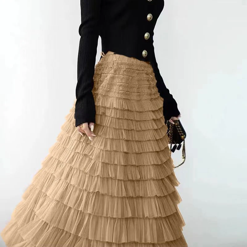 Sommer Frühling Damen Mehrschichtiger Rüschen Tüllrock Plissee Hohe Taille Flauschiger Maxirock Feenkuchenkleid Langer Tutu Partyrock – Detail 13