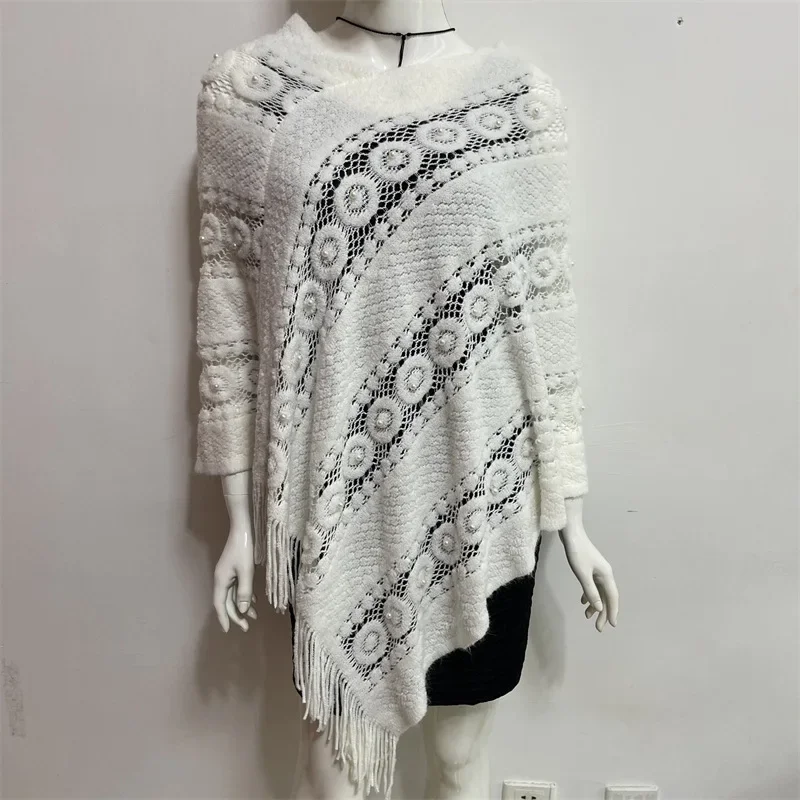 

European American Women Hollowed Out Spring Season New Lazy Wind Pullover V-neck Tassel Nail Bead Lady Cloak Sweater White