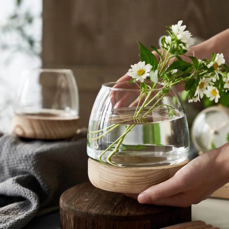Japanese style wooden tray, transparent glass vase, green ivy hydroponic plant, ecological fish tank, simple desktop decoration