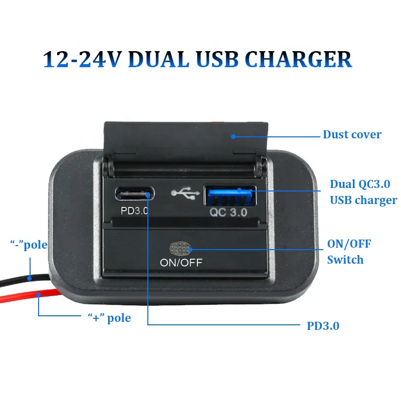 المزدوج USB ميناء 12 فولت سطح لوحة فلوش جبل شاحن سيارة فان المدرب المزدوج المقبس نوع C PD 30 واط QC 3.0 ON/OFF التبديل حافلة شاحن يو اس بي #4