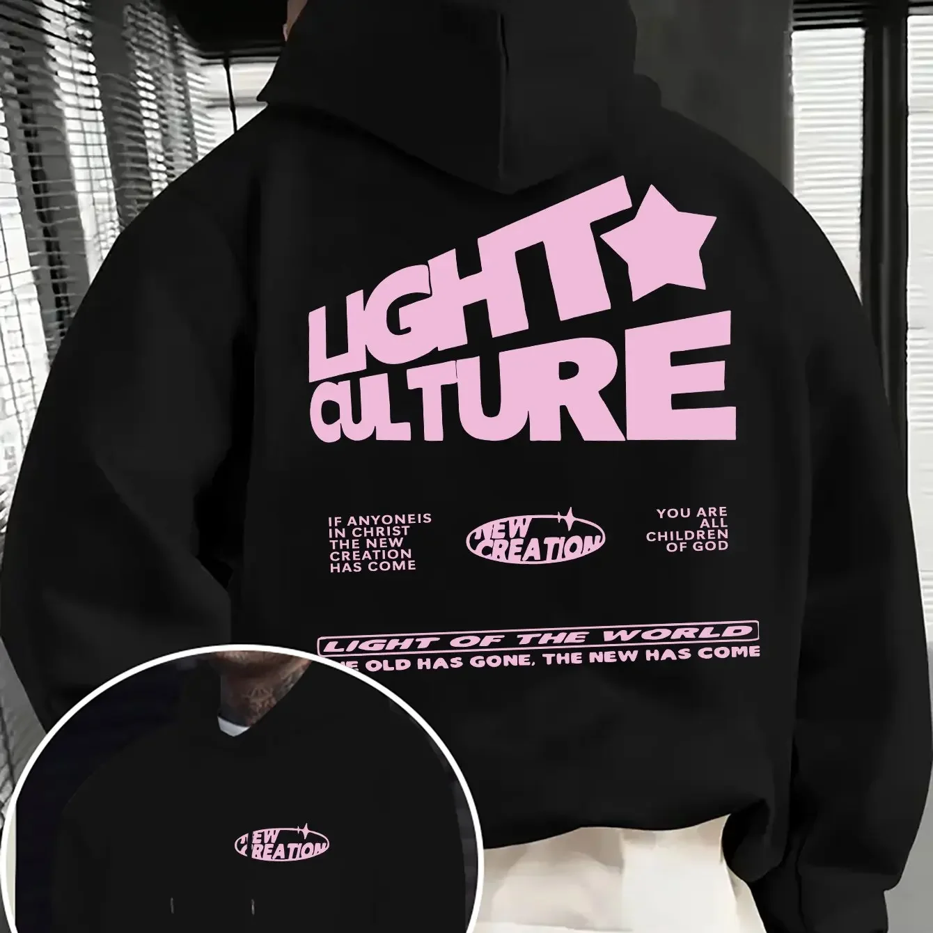 Men'S Casual Hoodie with a Light Culture Pink Slanted Letter Design Loose Fit - Made from Polyester - Machine Washable