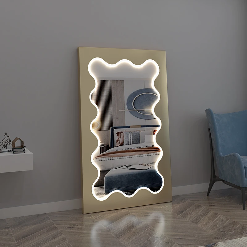 Cute Wave Mirror Irregular Aesthetic Design Living Room Full Large Body Mirrors With Light Dressing Espejos Bedroom Decoration