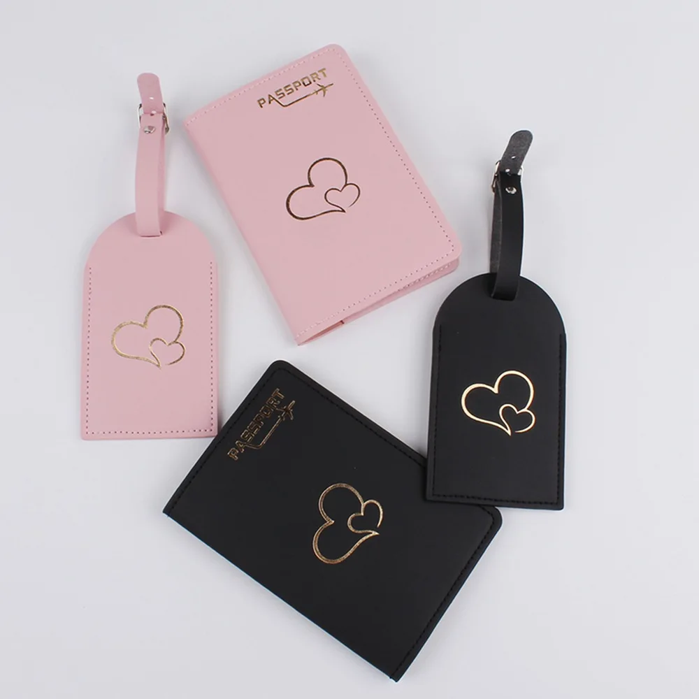 Hot Stamping Loving Heart Passport Cover Luggage Tag Couple Wedding Passport Cover Case Set Letter Travel Holder Passport Cover