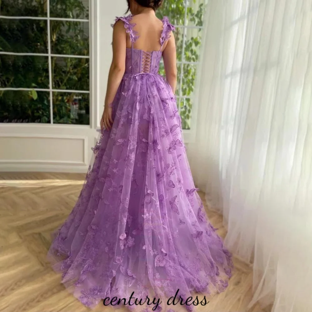 Customized Square Neck Party Gowns with Slit Applique 3D Fuchsia Butterfly Prom Dress Floor Length Celebrity Dresses Custom