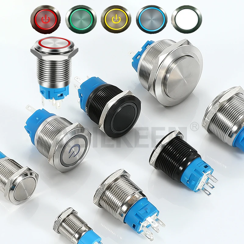 E 10PCS Tri-color 12V 16mm 19MM 22mm Bi-color led switch Momentary ON OFF Latching Waterproof  Metal RGB Push Button Switch