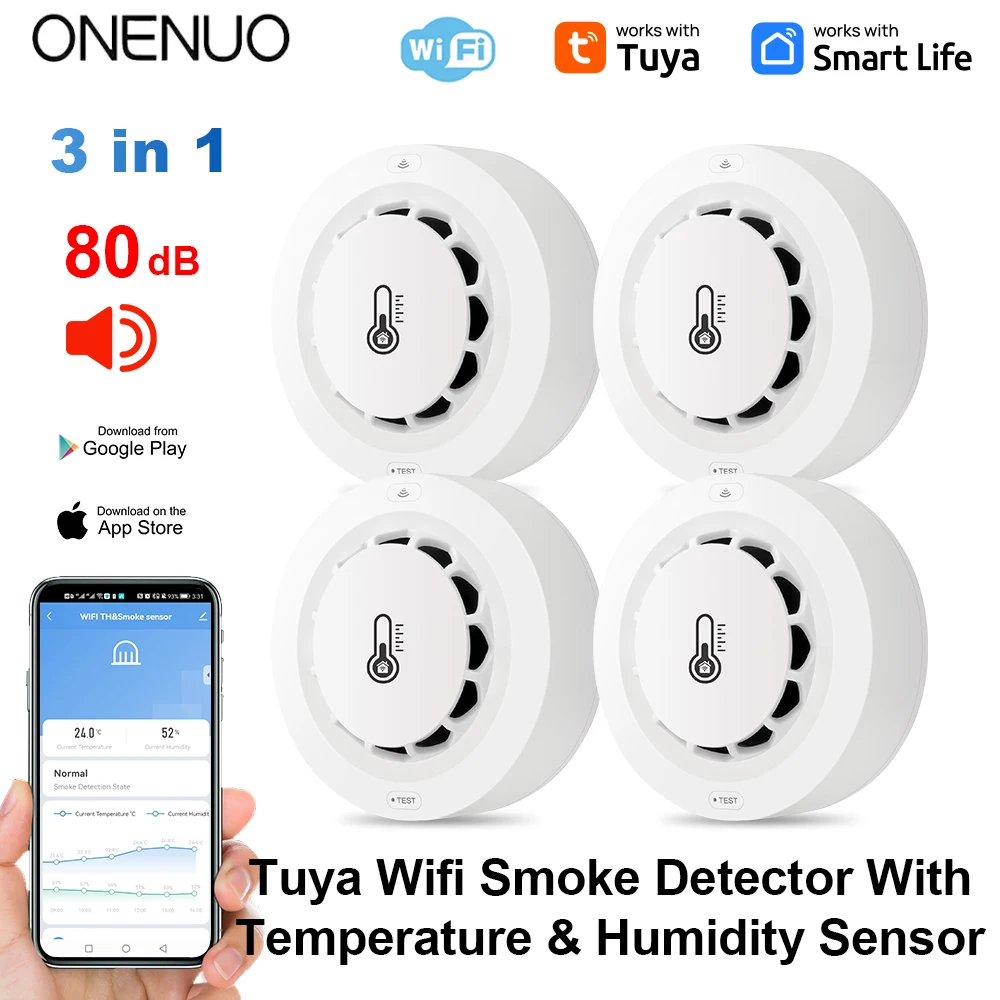 Tuya Wifi BT Two Connection Smoke Detector Temperature Humidity Measurement Device 80dB Sound Alarm Remote Push Alert Function