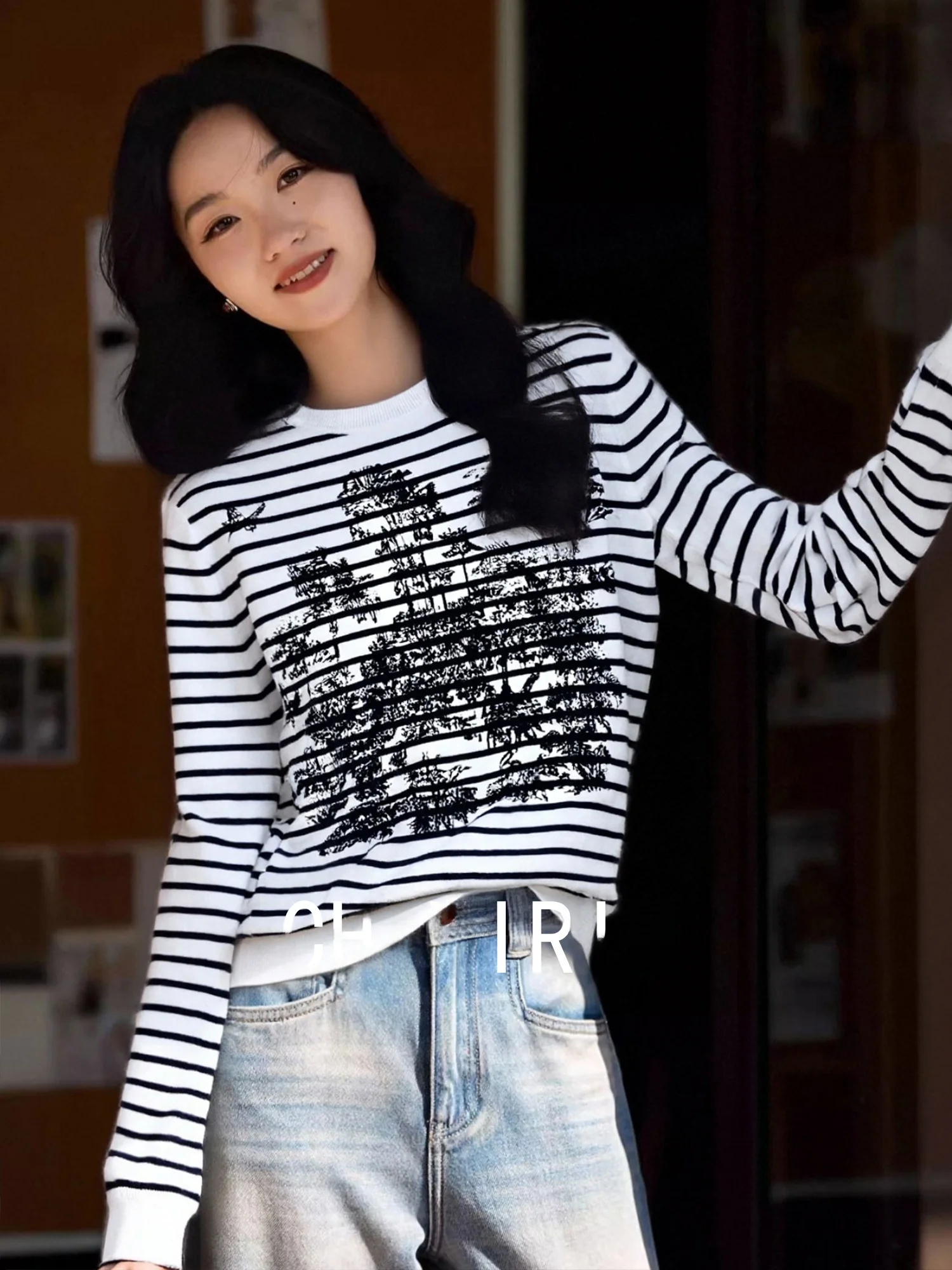 

Chivirin 2026 Весна Новинка: Женский трикотажный джемпер с круглым вырезом и длинными рукавами в полоску, из высококачественного шелка, для повседневной носки, комфортный на каждый день