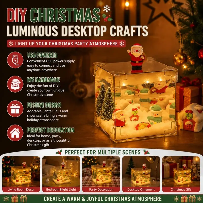 Christmas Table Lamp DIY Snowy Scene Light Box with Santa Snowman Mini Trees, USB Powered Warm White Desktop Holiday Decor