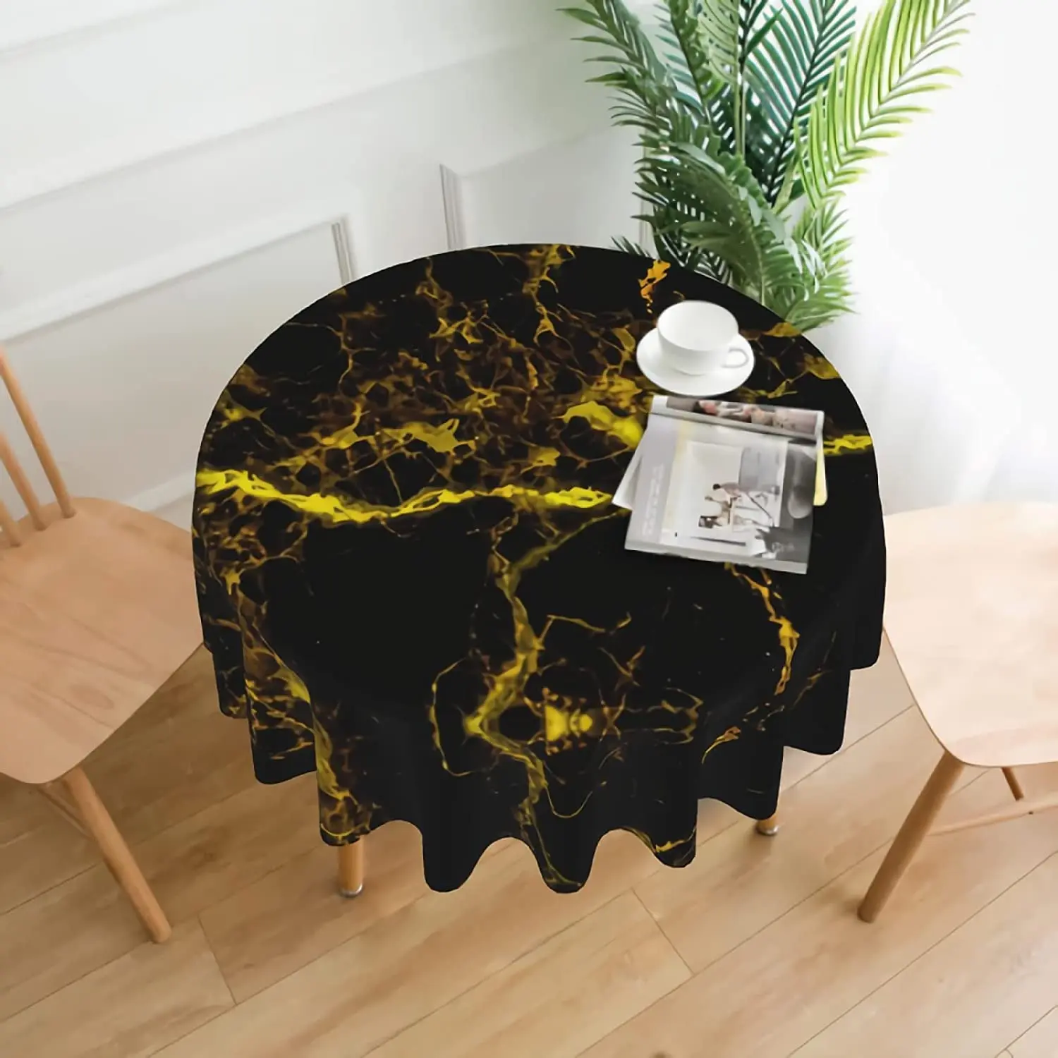 Marble Texture Tablecloth 60 Inch Round Black and Gold Marble Table Cloths Waterproof Table Cloth Cover for Holiday Dinner Party