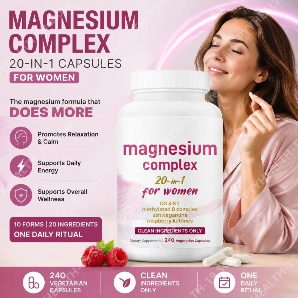 Magnesium Complex for Women Capsules with D3, K2, B12, Biotin & Ashwagandha for Energy, Calm & Wellness Support, 240 Capsules