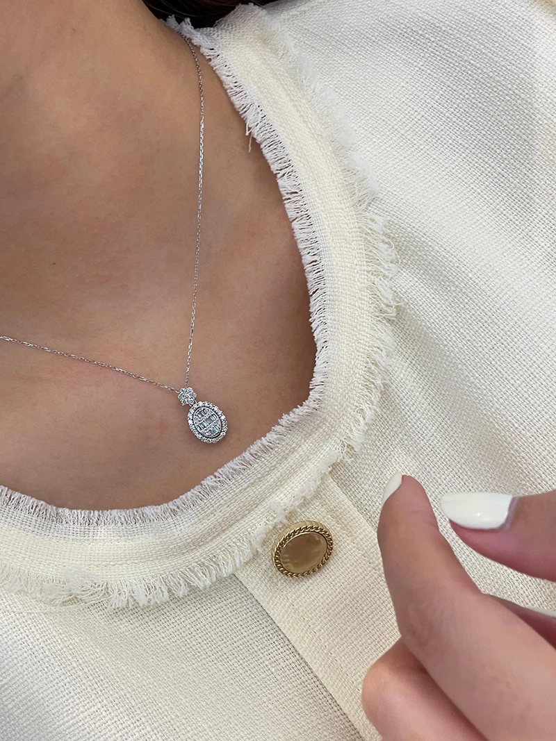 KUGG 100% 18K White Gold Necklace Classic Oval Shape 0.70carat Real Natural Diamond Pendant Necklace for Women Fine Jewelry