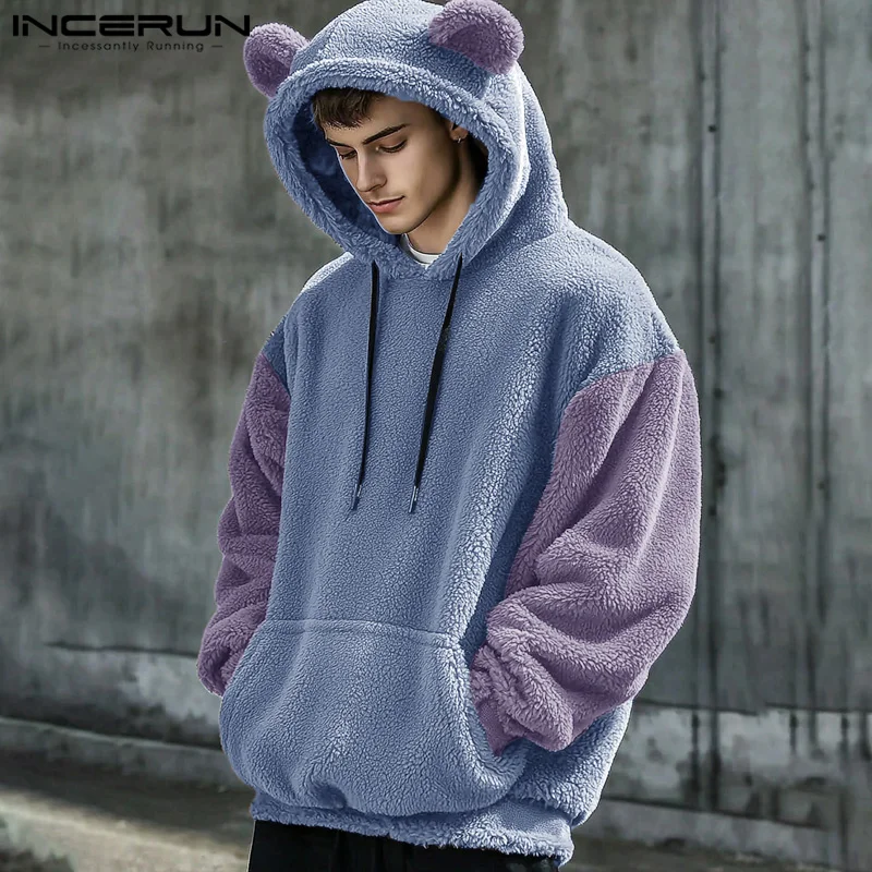 INCERUN Tops 2024 American Style Fashion Men Solid Fleece Funny Bear Ear Hooded Sweatshirts Male Streetwear Long Sleeved Hoodies