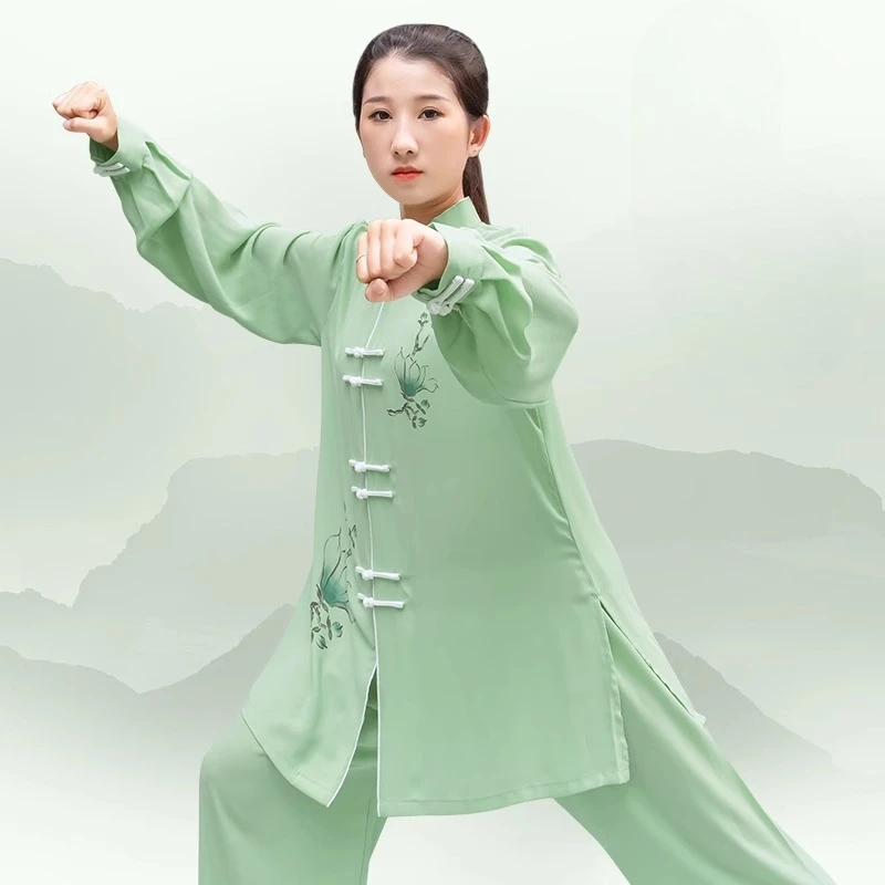 Chinese Tai Chi Uniform Traditional Wushu Kungfu Suit Green Martial Arts Wing Chun Training Morning Exercise Performance Suit