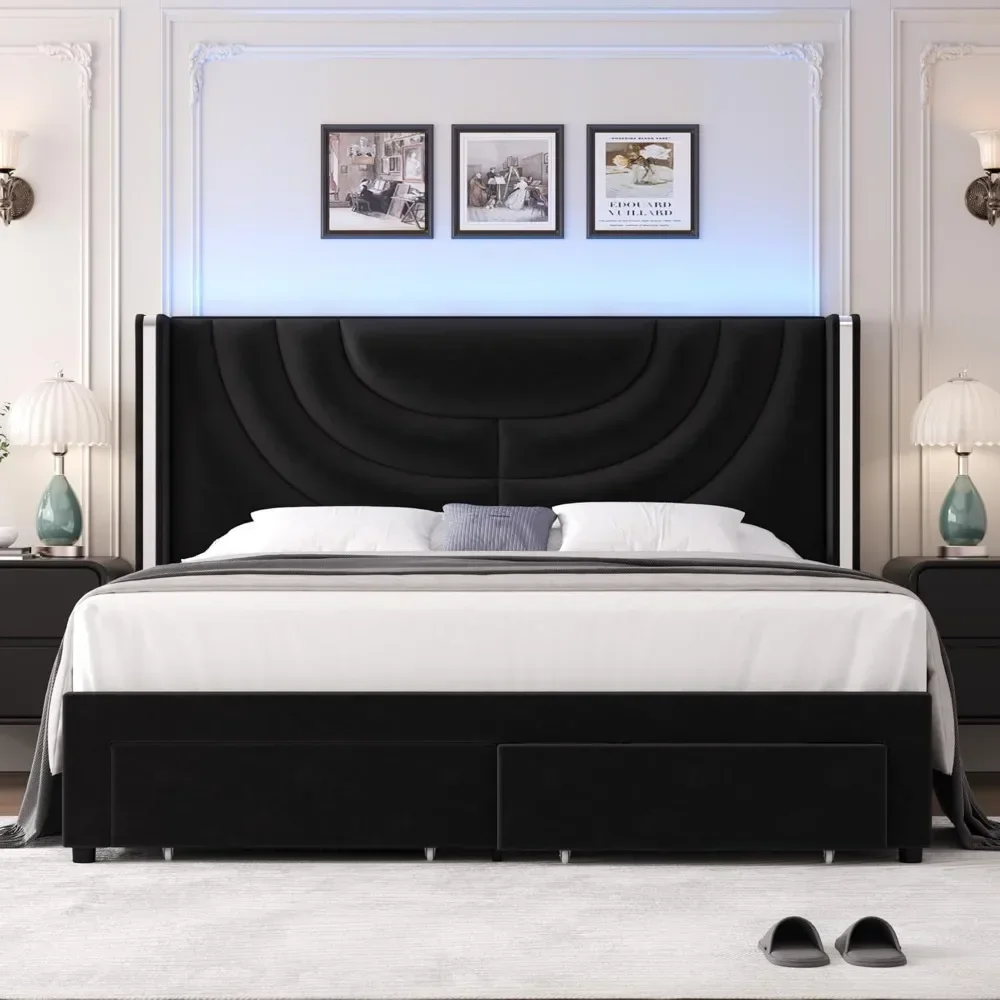 King Upholstered LED Bed Frame with 2 Storage Drawers, Velvet Platform Bed with Wingback Headboard, Solid Wooden Slats Support image 6