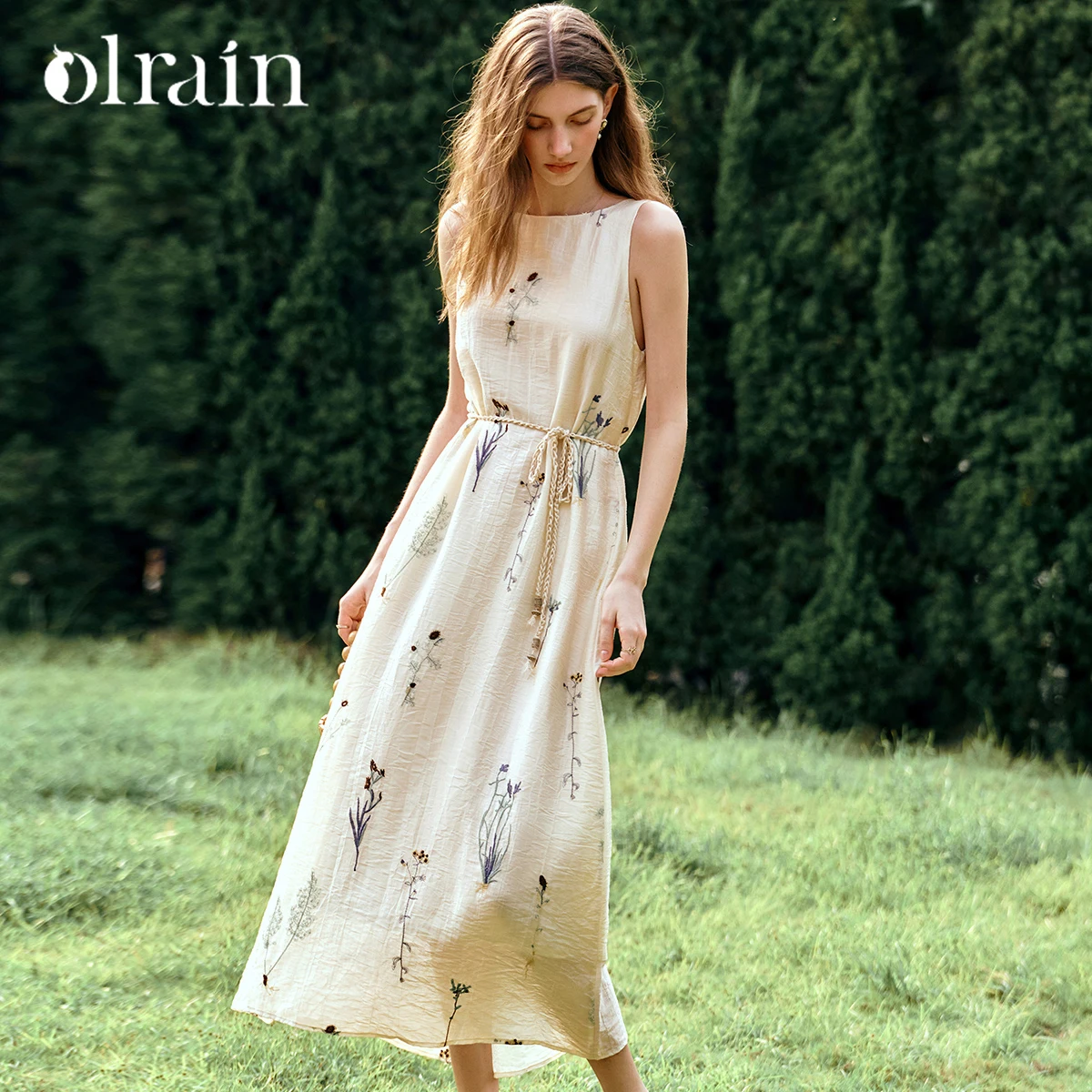 

OLrain Dresses 2025 Woman Summer Sleeveless A-Line Long Slash Neck Apricot Flora Ladies Elegant Holiday Ladies Dress O57XL99810