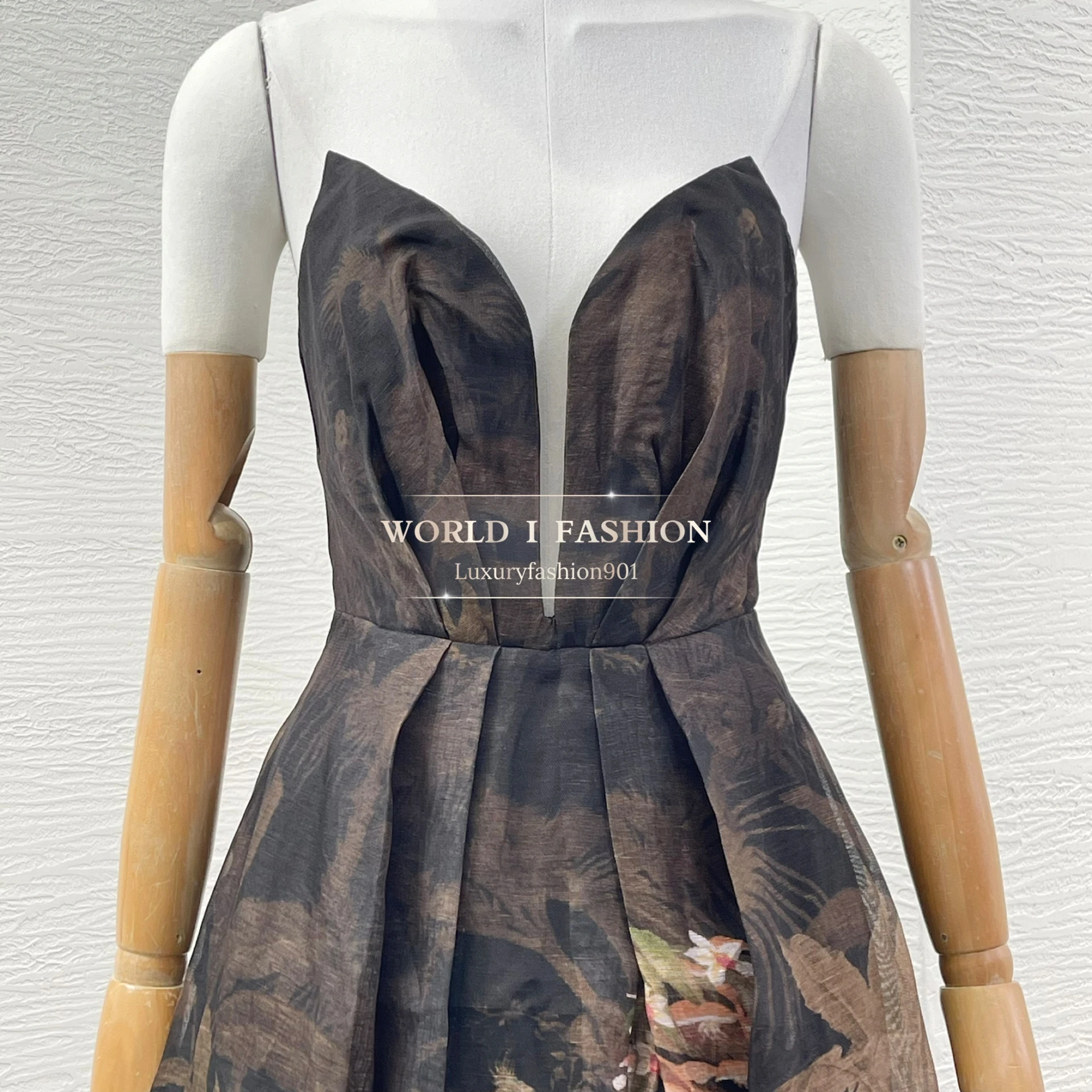 Black High Quality Elegant Women 2025 New Linen Silk Beach Style Sleeveless Strapless Floral Print Midi Dresses