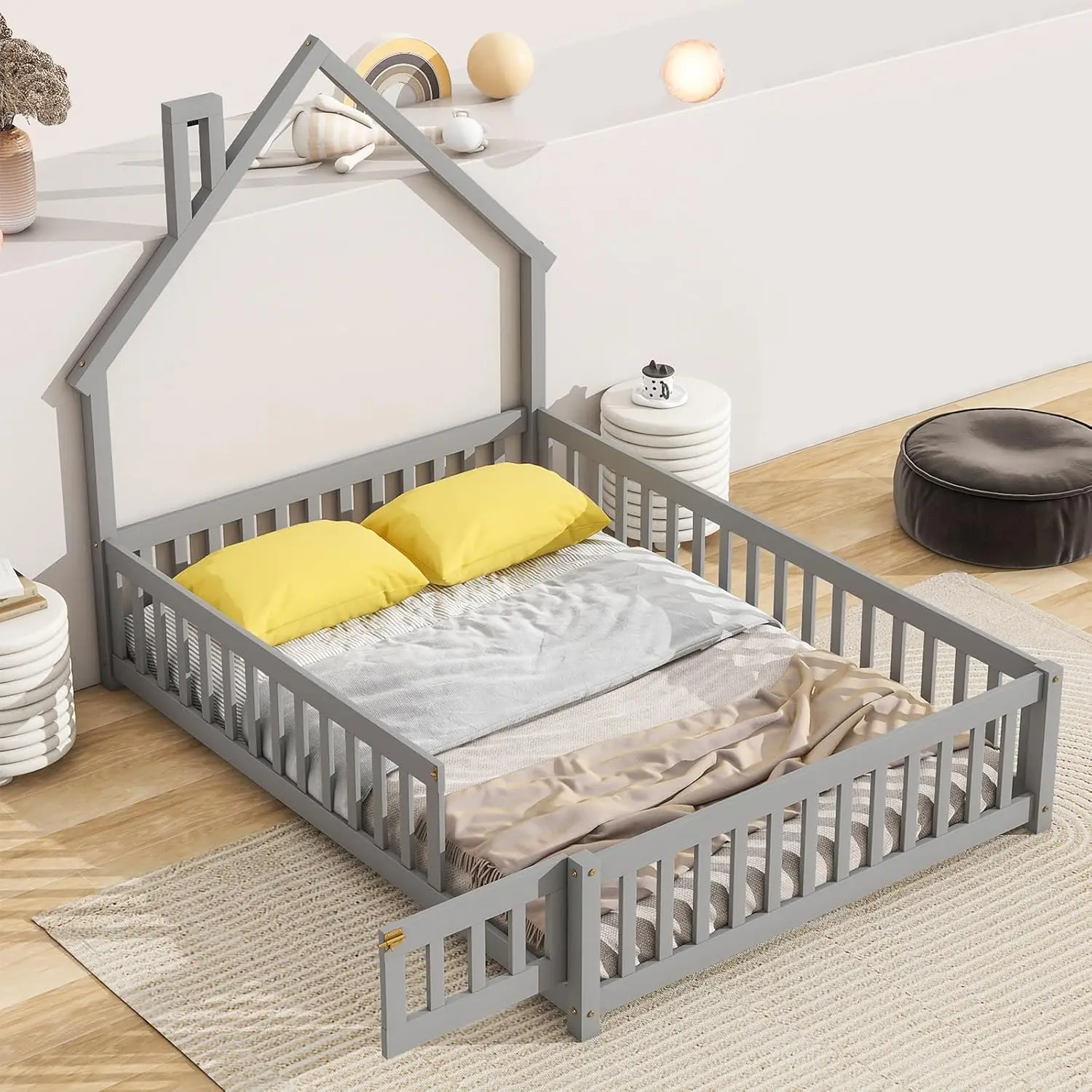 Tatub Full Montessori Floor Bed Frame With Railings And Door, House Bed For Kids, Wood Chimney-Shape Floor Bed Frame For Girls