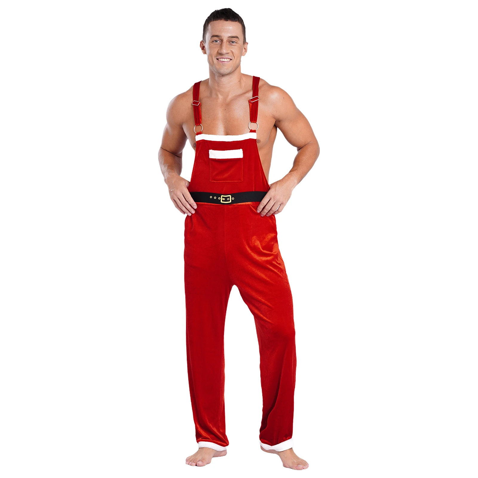 Adult Men New Year Christmas Costume Flannel Santa Claus Cosplay Costume High Waist Overalls For Festival Theme Carnival Holiday