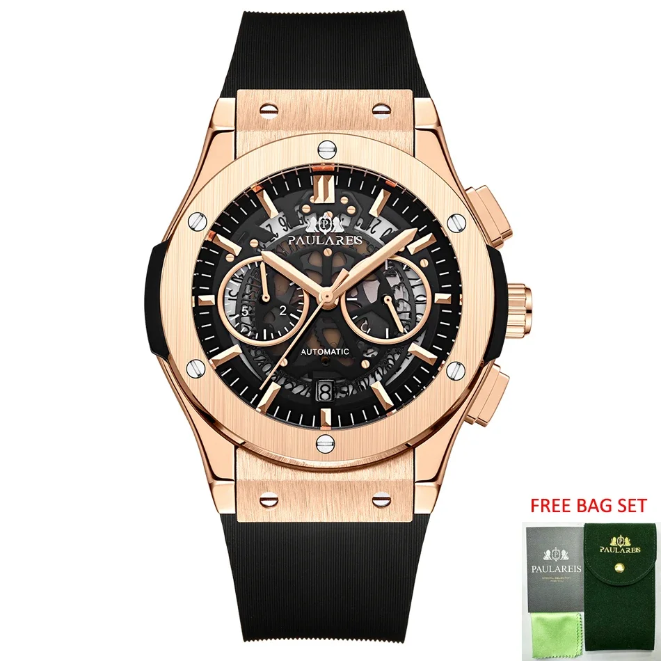 Luxury Watches for Men Chronograph Skeleton Automatic See Through Rose Gold Titanium Style Rubber Quartz Reloj Hombre Baratos