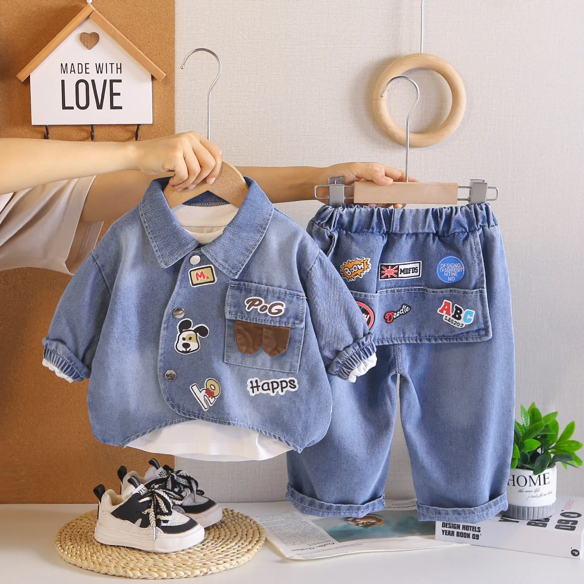 Children's Clothing Boys Spring Autumn Outfit 2026 Cute Cartoon Denim Coat + White T-shirts + Pants Three Piece Set Kids Clothes