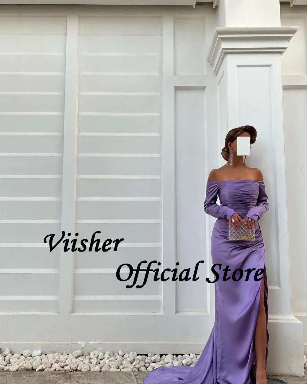 Viisher Lavender Mermaid Evening Dresses with Slit Pleats Satin Strapless 3/4 Sleeve Prom Party Dress Arabic Dubai Formal Dress