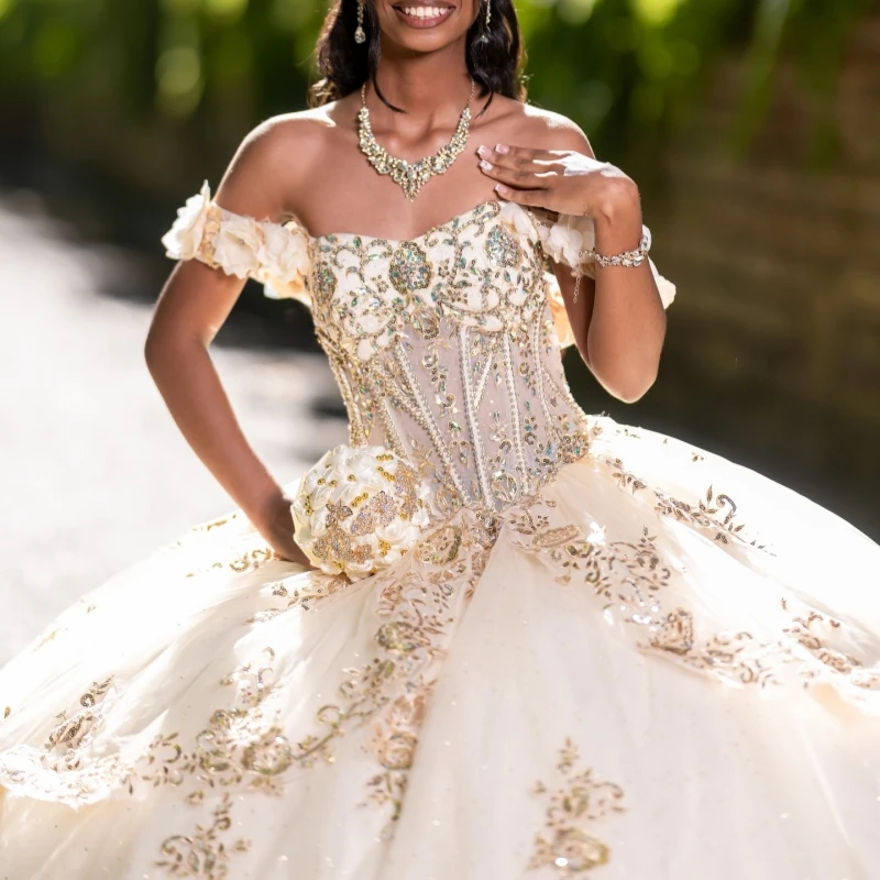

Champagne Shiny Ball Gown Quinceanera Dresses 2026 Gold Applique Lace Beading Crystal Corset Tull Off Shoulder Sweet 16 Dress